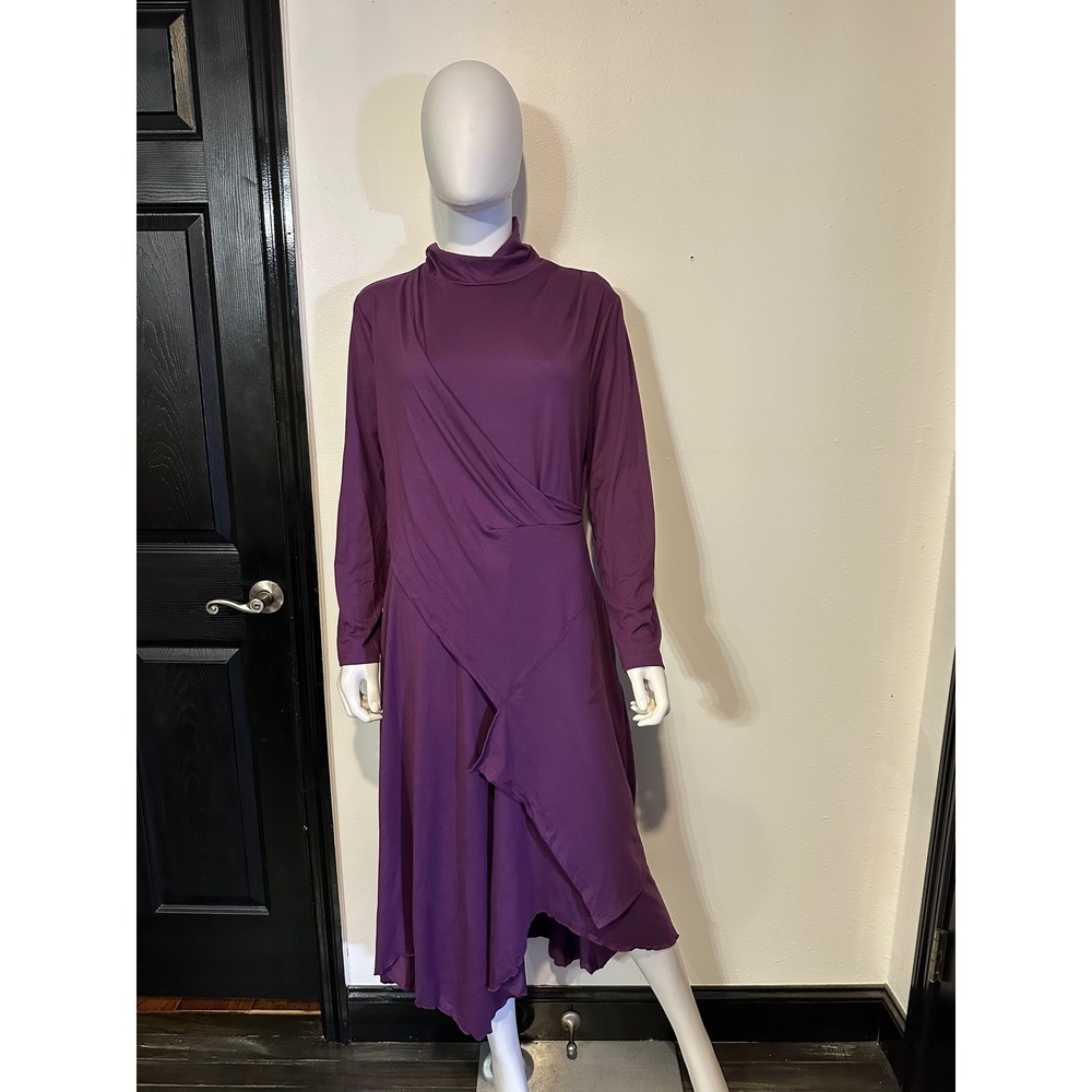 Womens Long Sleeve High Neck Asymmetrical Wrap Maxi Dress with Pockets Purple - Picture 3 of 3